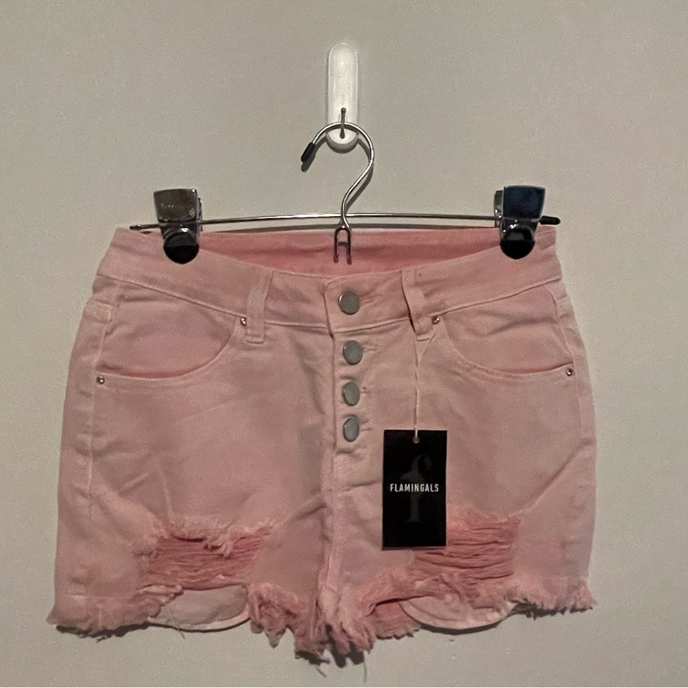 Pink stretchy distressed denim shorts NWT small‎